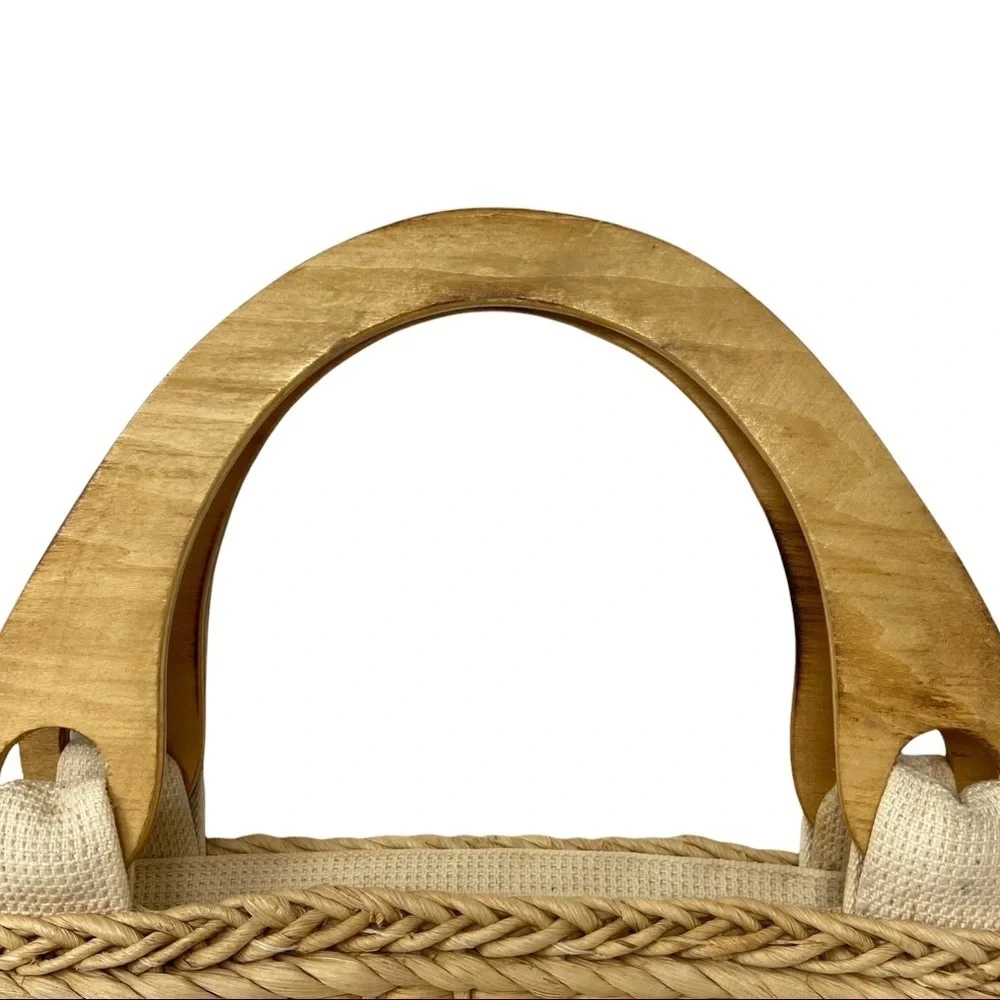 Hand Woven Straw with Wooden Handles Beach Bag.